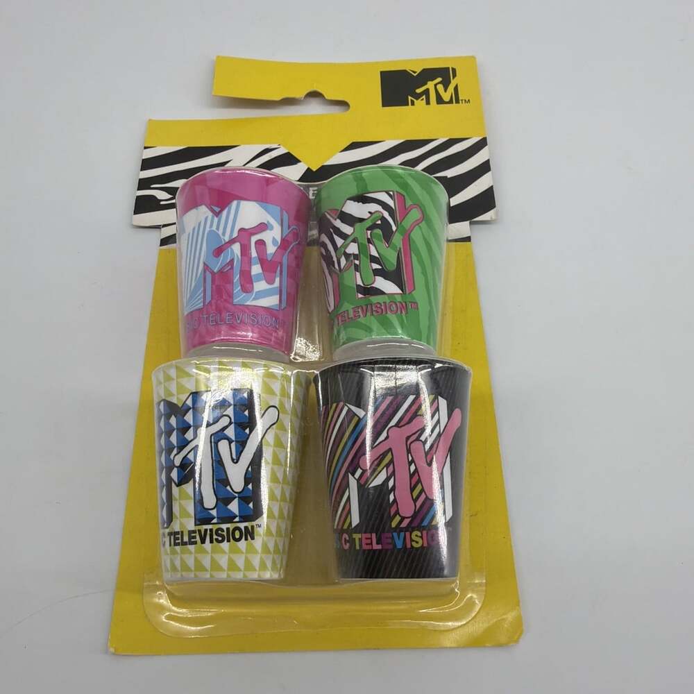 MTV Collectible Music Television Set of 4 1.5 oz Colorful Unbreakable Mini Cups
